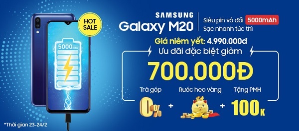 Chỉ 2 ngày duy nhất mua Galaxy M20 giảm ngay 700.000đ, trả góp 0%, rước Heo vàng tài lộc