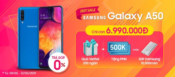Mua Galaxy A50 nhận ngay bộ quà Viettel trị giá 200 ngàn, phiếu mua hàng 500k hoặc sạc dự phòng Samsung