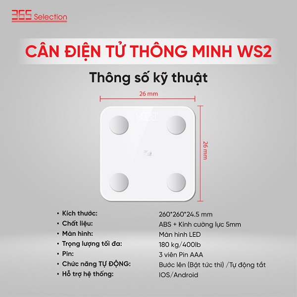 Cân thông minh 365 Selection WS2 được thiết kế với chất liệu nhựa ABS